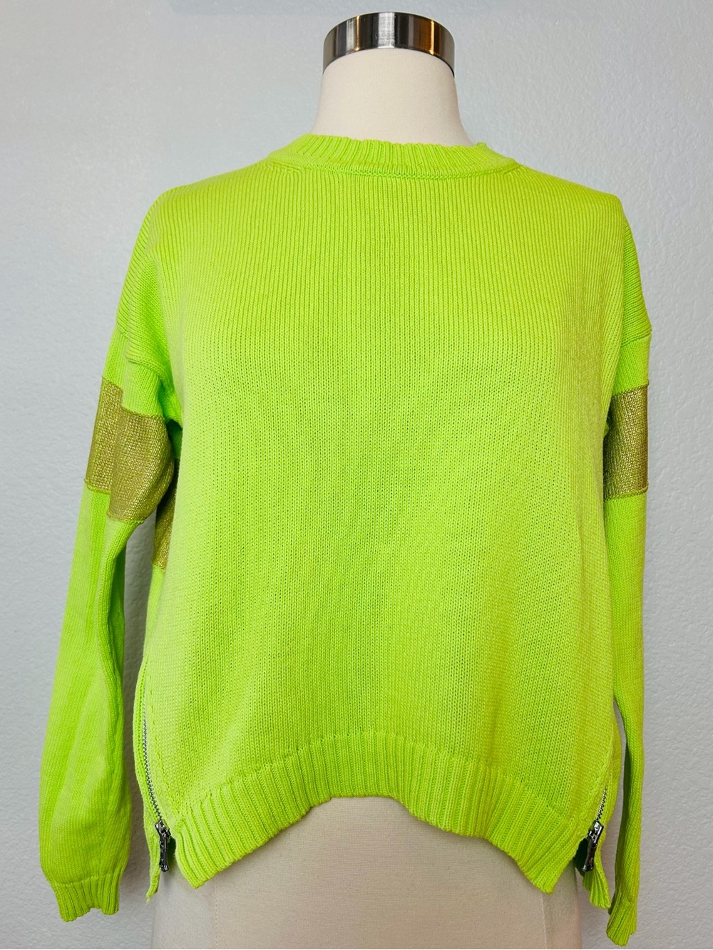Kenneth Cole Sweater Women's XS Neon Lime Green Cropped Zipper On Both Side
